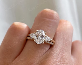 Oval Cut Moissanite Ring Set, Wedding Ring Set Stunning 2.50 CT Oval Three Stone Trilogy Engagement Ring Matching Eternity Band For Women