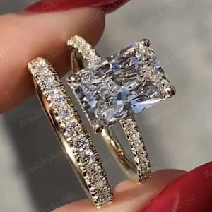 3 CT Radiant Cut Moissanite Wedding Ring Set, Unique Hidden Halo Bridal Ring Set, Bridal Ring With Single Band, Pave Ring Set Gift For Her