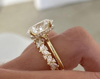 3.05Ct Oval Cut Moissanite Wedding Ring Set,Moissanite Engagement Ring Set,Marquise Cut Half Eternity Matching Bands,14k Gold Ring Set Women