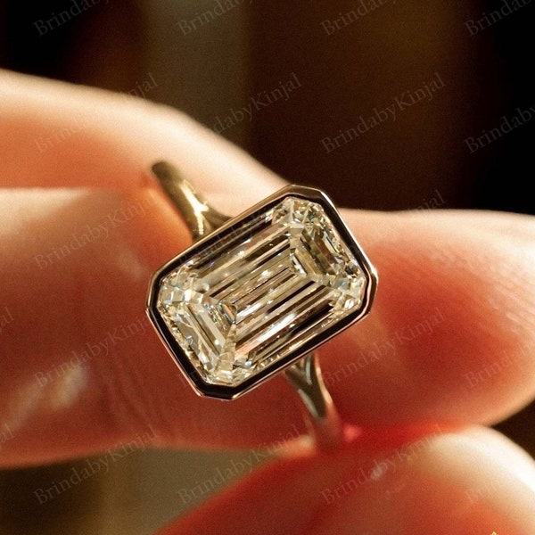 3ct Emerald Cut Moissanite Engagement Ring, 14K Yellow Gold, Bezel Set Ring, Anniversary Gift Ring, Bridal Wedding Ring,Solitaire Bezel Ring