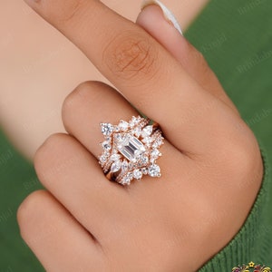 Emerald Cut Moissanite Engagement ring set Enhancer Moissanite ring Double Curved Enhancer Wedding Band Unique Diamond ring Anniversary ring