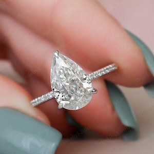 3ct Classic Pear Cut Moissanite Ring,Gorgeous Hidden Halo Anniversary Ring,S925 Sterling Silver Ring, Pear Promise Ring,Pear Engagement Ring