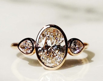 Oval Cut Bezel Set 2.60 CT Moissanite Engagement Wedding Ring Three Stone Anniversary Ring Side Pear Stone Promise Ring Forever Classic Gift