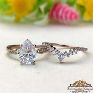 2 CT Pear Cut Moissanite Engagement Ring Set Bridal Set ,Twisted Band Ring ,Art Deco 14k Solid Gold Wedding Ring Set Anniversary Gifts Ring