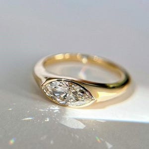 1.10 CT Marquise Cut Moissanite Engagement Ring, 14K Solid Yellow Gold East West Ring, Solitaire Bezel Ring, Statement Ring, Proposal Ring