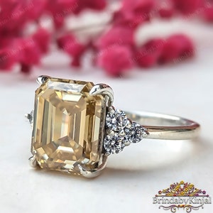Champagne Moissanite Ring 4.10 Ct Emerald Cut Brown Moissanite Engagement Ring Wedding Diamond Ring 4 Prong Set Anniversary Gift For Women
