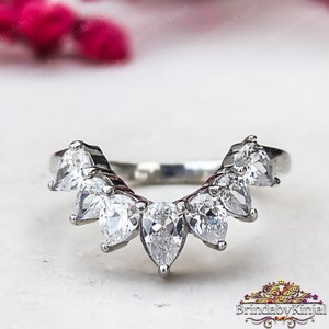 Curved wedding band women vintage rose gold Pear cut Diamond Moissanite wedding band unique Pear shaped Bridal Stacking promise gift for her