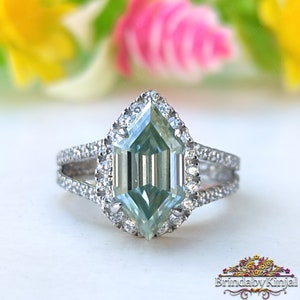 Hexagon Moissanite Halo Engagement Ring, 3.10 CT Hexagon Cyan Blue Moissanite Ring, Wedding Ring, Split Shank Ring, Promise Ring for Women
