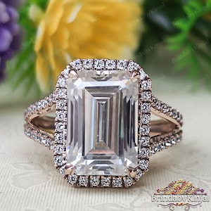 5.65 CT Hugg Emerald Cut moissanite engagement ring,hidden halo,unique big large Emerald cut Split Shank ring,luxury wedding ring
