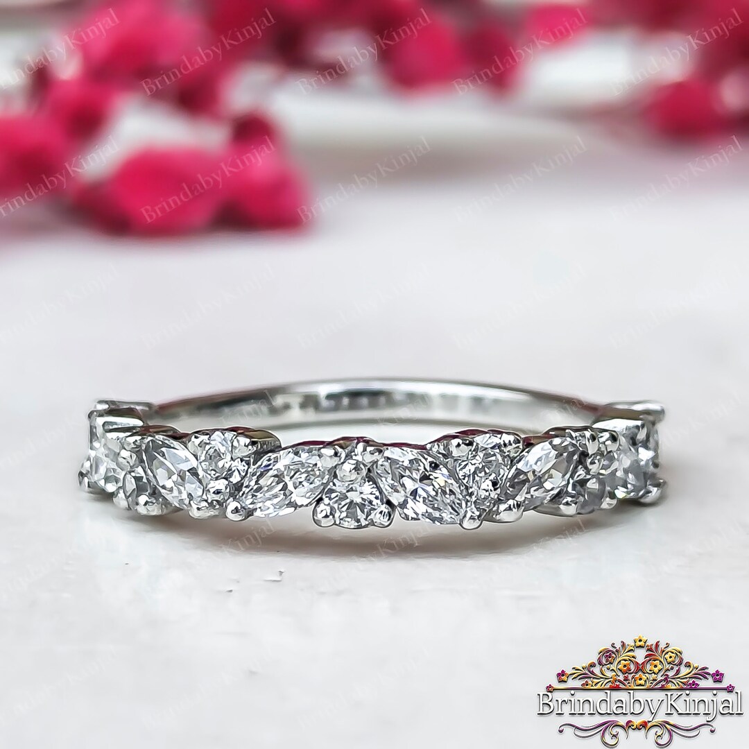 14K Solid White Gold Wedding Band Marquise and Round Cut Moissanite ...