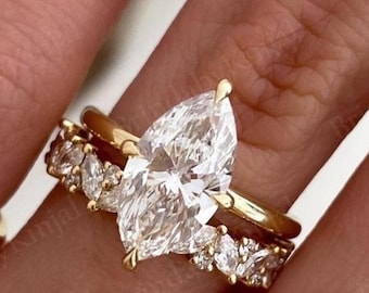 2Ct Marquise Cut Moissanite Engagement Ring Set Vintage Bridal Ring Unique Wedding Ring Set Marquise And Round Half Eternity Wedding Band