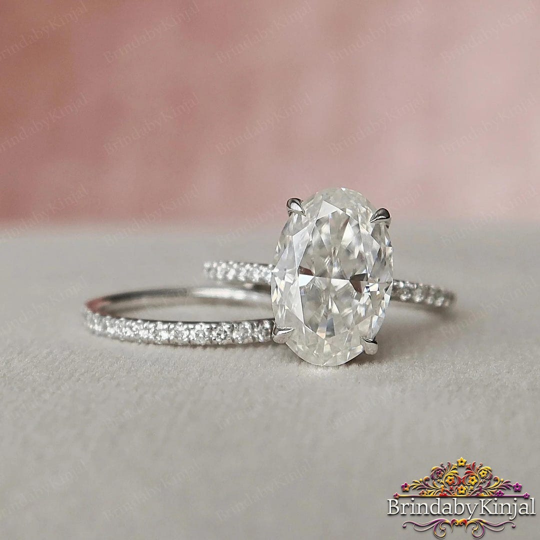 Oval Moissanite Bridal Set,4 Ct Oval Cut Engagement Ring Set, 14K Solid ...
