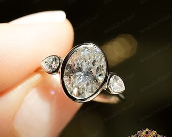 Oval Cut Bezel Set 2.60 CT Moissanite Engagement Three Stone Ring Side Pear Promise Ring Forever Classic Gift
