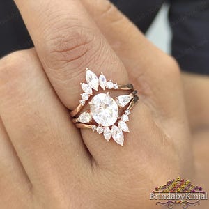 Oval Three Stone Moissanite Engagement ring set Enhancer Moissanite ring Double Curved Enhancer Band Unique Marquise Enhancer Wedding Band