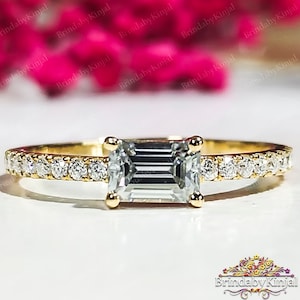 Bague de fiançailles en moissanite taille émeraude Bague est-ouest Bague de mariage taille émeraude Bague d'anniversaire Cadeau d'anniversaire Bague de promesse Cadeau pour elle