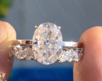 3.05Ct Oval Cut Moissanite Wedding Ring Set,Moissanite Engagement Ring Set,Marquise Cut Half Eternity Matching Bands,14k Gold Ring Set Women