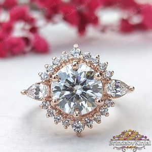 Round Cut 9mm Moissanite Bridal Ring, Art Deco Halo Engagement Ring, Unique vintage style Anniversary Ring For Women, Solid Rose Gold Ring