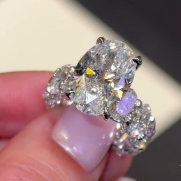 Oval moissanite engagement ring hidden halo Full Eternity wide band oval engagement ring celebrity style Large solitaire oval wedding ring