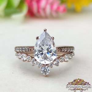 Pear Moissanite Wedding Ring Set 14K Rose Gold Engagement Ring Set Pear Shape Anniversary Ring Set Promise Ring Anniversary Gift