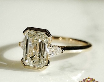 Emerald Cut Half Bezel Three Stone Moissanite Engagement Ring, 10K/14K Solid Gold Moissanite Memorial Promise Ring, Birthday Gift for Women