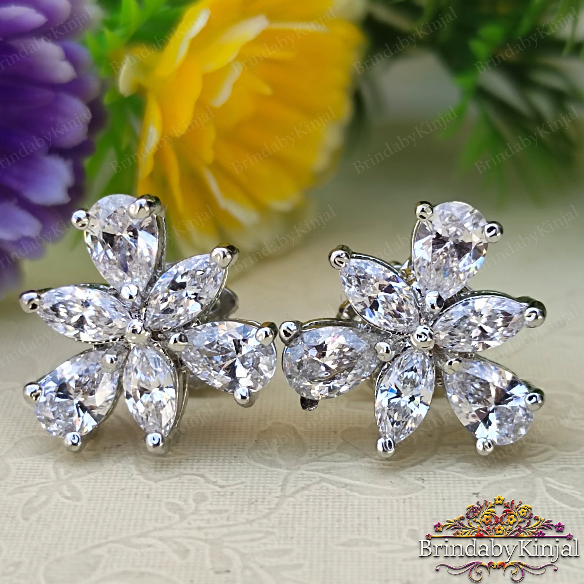 Bridal Wear Diamond Flower Cluster Stud Earrings