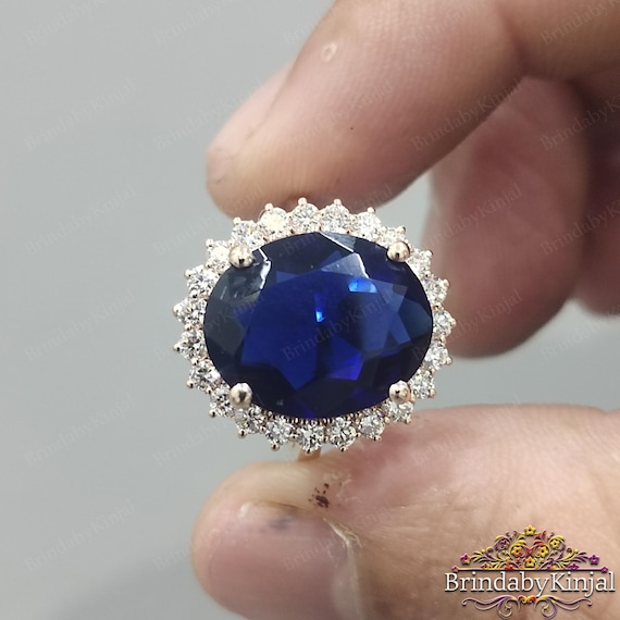 Princess Diana Replica Ring Blue Sapphire with Moissanite Halo Ring  -Royal Engagement Ring Inspired -Vintage Bridal Jewelry -For Her
