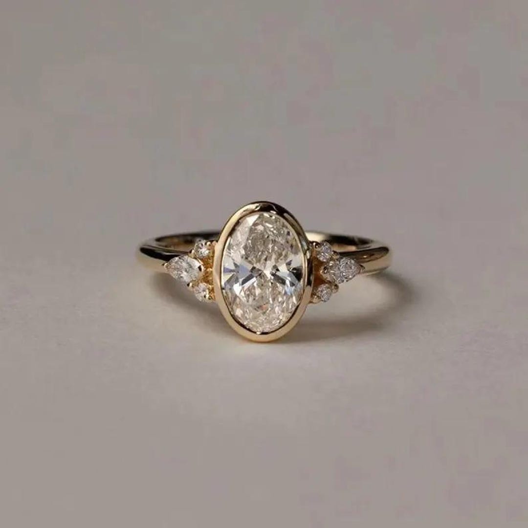 Bezel Set 2 Ct Oval Moissanite Engagement Ring: 14K Yellow Gold Cluster ...