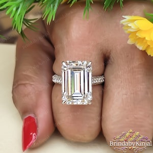 11.11 Carat Colorless Emerald Moissanite Engagement Ring / Hidden Halo Moissanite Pave Setting Eternity Ring / Emerald Cut Anniversary Ring