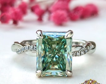 Unique Moissanite Engagement Ring, 4.10 CT Radiant Cut Blue green Moissanite Ring, Wedding Ring, Big Moissanite Ring, Propose Ring for Women