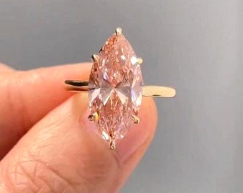 Special Pink Color IGI Certified 3 Carat Fancy Intense Pink VS1 Clarity Marquise Cut Lab Diamond Engagement Ring, 14k Solid Yellow Gold Ring