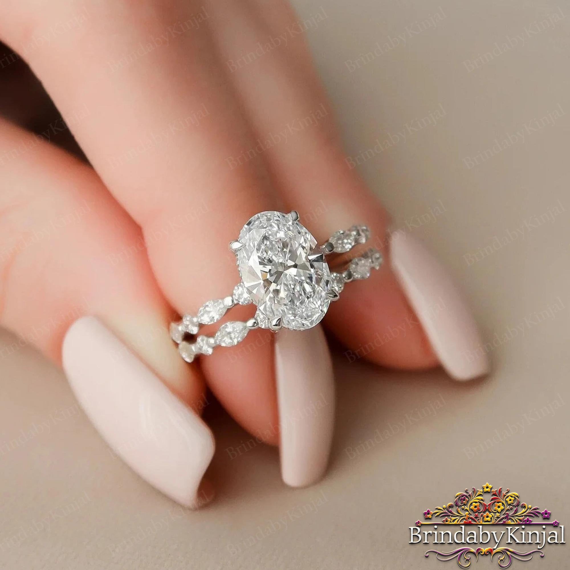 3 Ct Oval Cut Moissanite Wedding Ring Set, Oval Moissanite Engagement Ring Set, Bridal Set,Half Eternity Matching Bands,Anniversary Gift