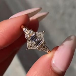 2 Carat Elongated Hexagon Cut Moissanite Engagement Ring ,14K Yellow Gold Cluster Diamond Ring ,Promise Ring For Women Anniversary Gift Ring