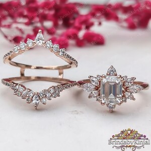 2 Carat Emerald moissanite engagement ring set, rose gold engagement ring Cluster engagement ring Art Deco ring Bridal ring Anniversary ring