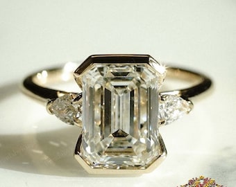 Half Bezel Emerald Cut Three Stone Moissanite Engagement Ring, 10K/14K Solid Gold Moissanite Memorial Promise Ring, Birthday Gift for Women
