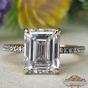 Amazing 4.10 Ct Emerald Cut Colorless Moissanite Engagement Ring,14k Yellow gold Wedding Ring, Anniversary Ring, Bridal Set, Customized Ring