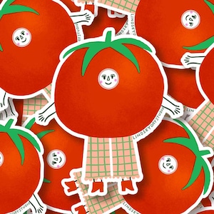 May include: A collection of stickers featuring cartoon tomatoes with green tops, smiling faces, and plaid scarves. The stickers are red with white outlines and are scattered across the image.