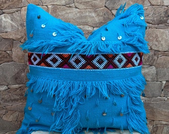 Oreiller Handira : coussin berbère avec paillettes et franges 50 x 50 cm