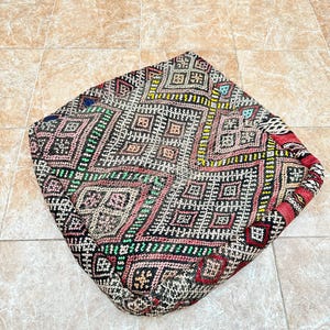 Vintage Berber Kilim Pouf: 24&quot; Handmade Moroccan Floor Cushion