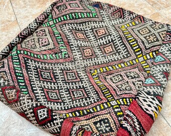 ヴィンテージ ベルベルキリム プーフ：24インチ ハンドメイド モロッコ