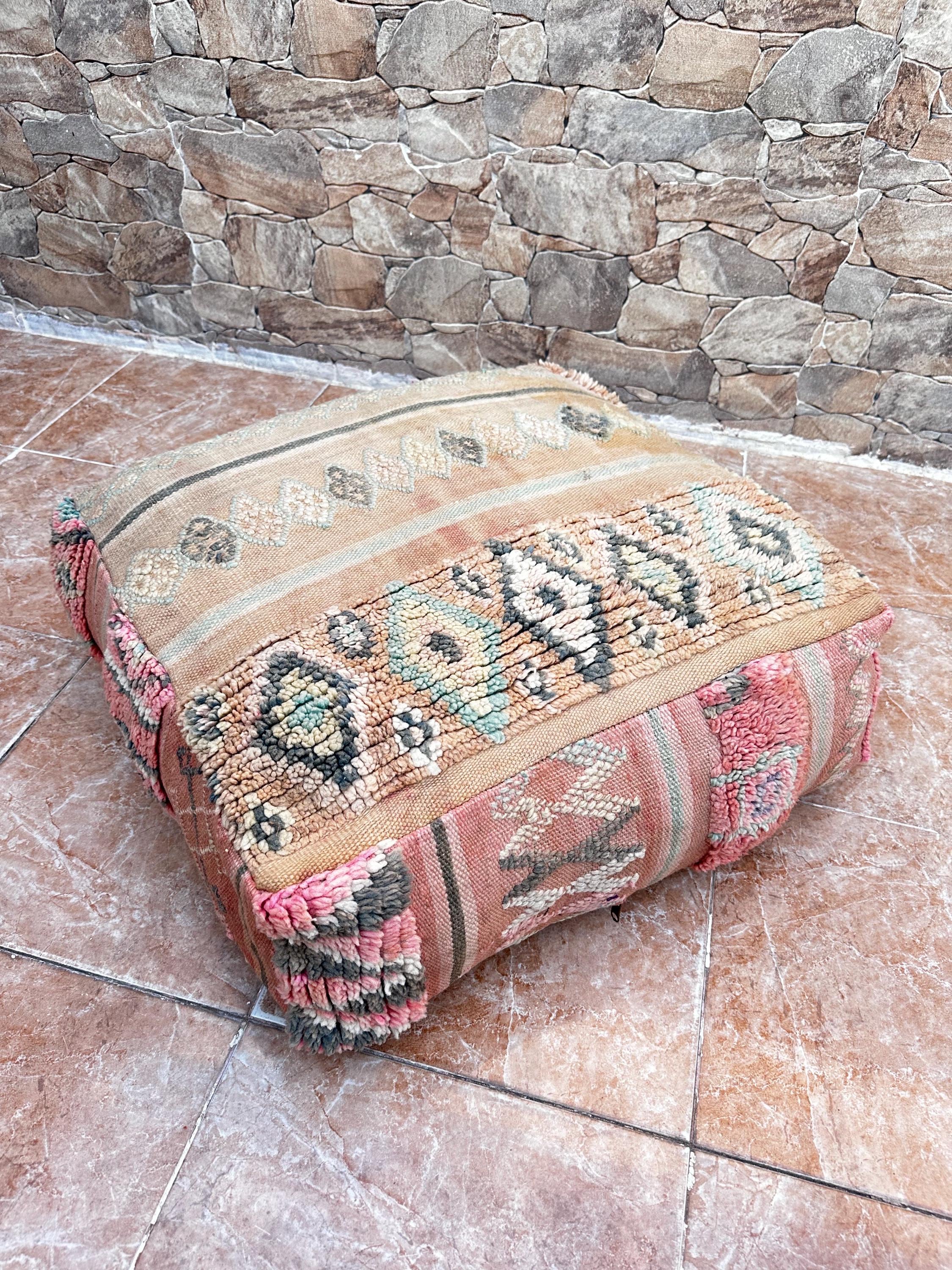 Handmade Moroccan Kilim Pouf: Vintage Berber Wool Floor Cushion (24x24 Inches)