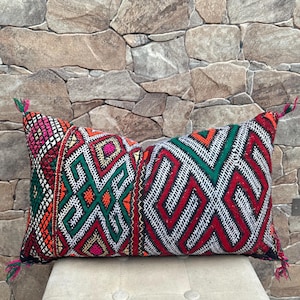 Puede incluir: Cojín decorativo rectangular con un vibrante patrón geométrico en rojo, verde, naranja, blanco y rosa. El cojín tiene borlas en cada extremo y está colocado sobre una superficie de color neutro.