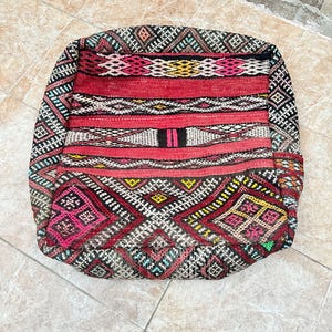 Vintage Berber Kilim Pouf: 24&quot; Handmade Moroccan Floor Cushion
