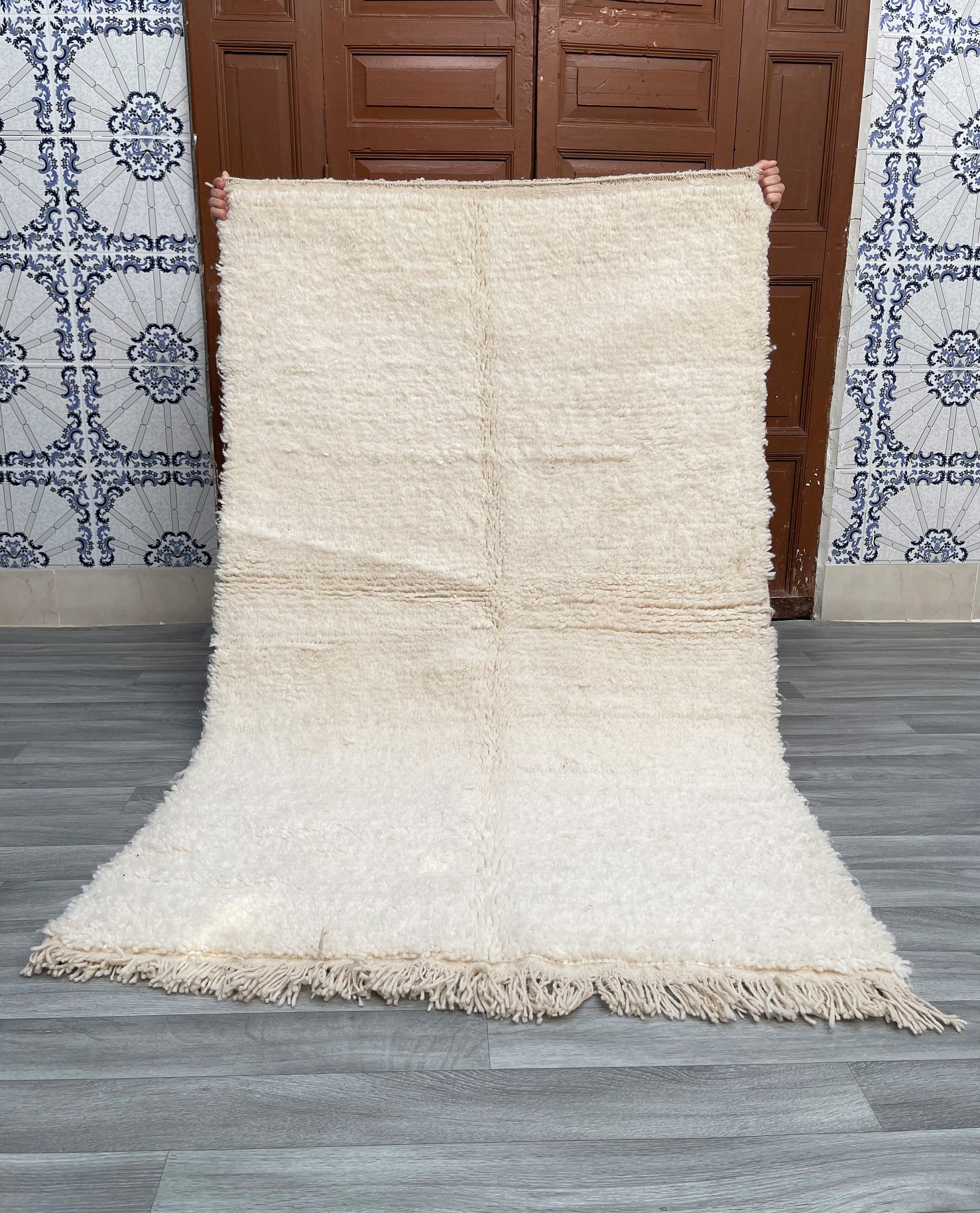 Tapis Berbère Beni Ourain Marocain 5.1x6.6 Ft – Laine Tissée Main – Beige Bohème