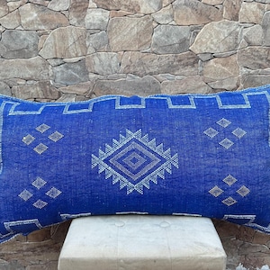 Large Blue Moroccan Pillow Cover: Embroidered Cactus Silk