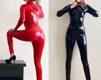 Faux Latex Bodysuit, Latex Catsuit, Black and Red Color, Clothing for Women and Men
