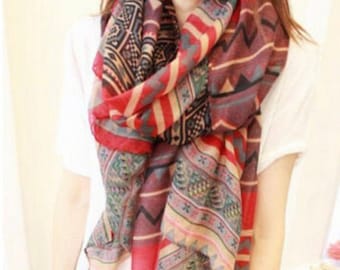 Red Patterned Chiffon Scarf / Shawl Boho - Women's Scarves - Women's Fashion Accessories - Gifts For Her