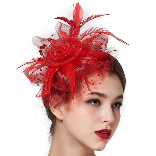 Red Wedding Fascinator Feather and Net Detail - Fascinators - Weddings - Event Wear
