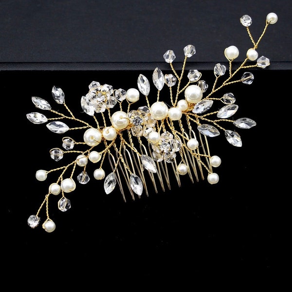 Bridal Hair Vine Comb Gold Imitated Pearls and Crystals - Bridal Accessories - Wedding Accessories - Wedding Hair