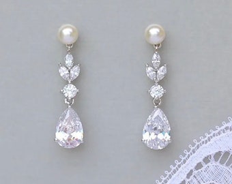 Silver Bridal Drop Earrings Pearl and Crystal - Women's Bridal Earrings - Bridal Jewellery - Wedding Jewellery