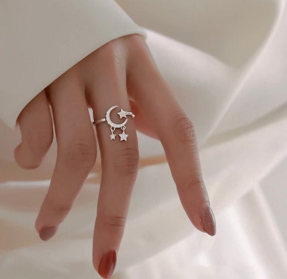 Moon Star Tassel Ring 925 Sterling Silver Adjustable Women's Rings Women's  Jewellery 